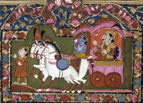 “Bhagavadgītā”, atribuido a Vyāsa Krisna y Aryuna en la batalla de Kurukshetra. Representación en una pintura del Majabhárata, del siglo XVIII-XIX.