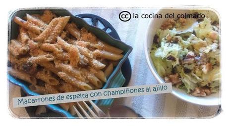 Macarrones de espelta con champiñones al ajillo