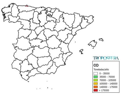 España: Mapa de emisiones de CO (Inventario EMEP 2013)