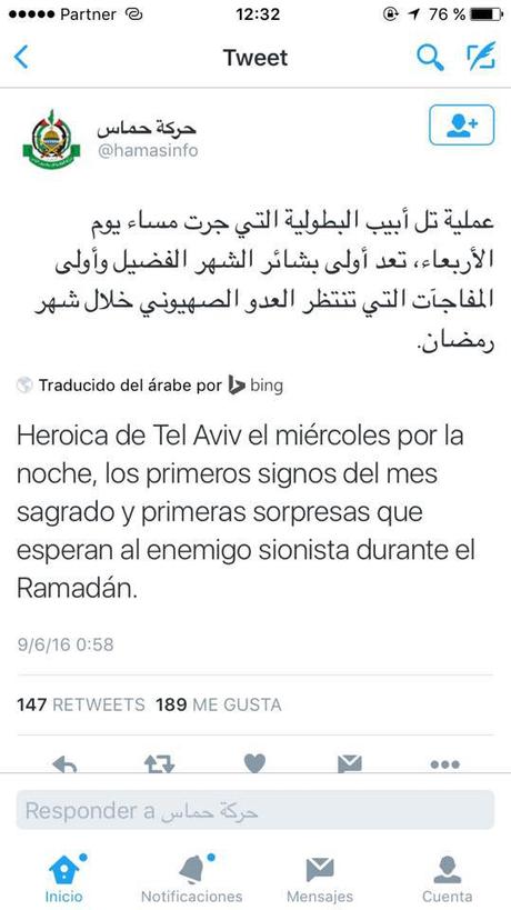Hamás alaba ataque en Twitter. 