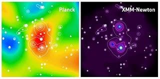 Imagen que muestra el recientemente descubierto supercumulo PLCK G214.6+37.0, detectado por Planck y confirmado por XMM-Newton