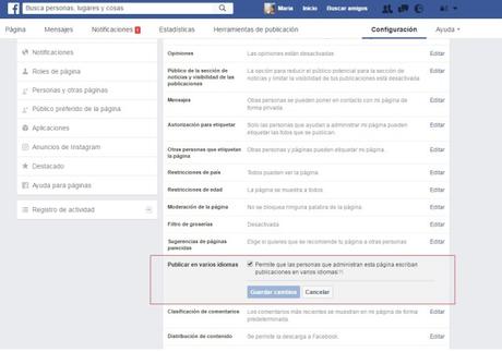 facebook page publicación multiidioma configuración