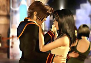 Reseña #209. La Leyenda Final Fantasy VIII, de Rémi Lopez Squall y Rinoa bailando, vestidos de gala. El de traje negro y ella con vestido largo blanco.