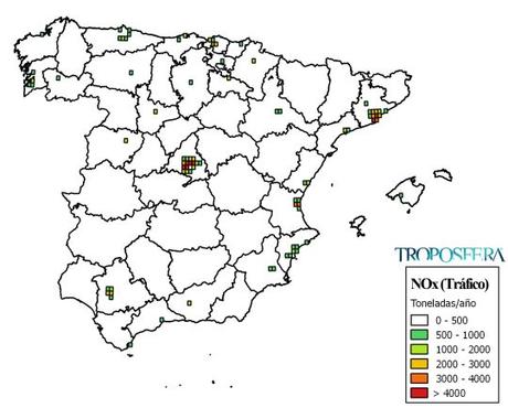 España: Mapa de emisiones de NOx de Tráfico (Inventario EMEP 2013)