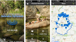 Aspecto de la interfaz de la App Las 65 zonas de baño naturales de Extremadura, a tu disposición desde el móvil