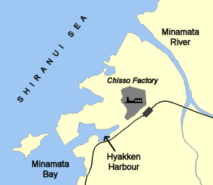 Minamata_map_illustrating_Chisso_factory_effluent_routes2_CC GNU y FDL