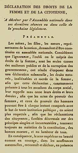 First page of Declaration of the Rights of Woman and the Female Citizen. Olympe de Gouges: 