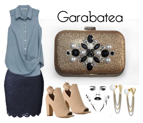 Look de verano con camisa vaquera y clutch joya color oro