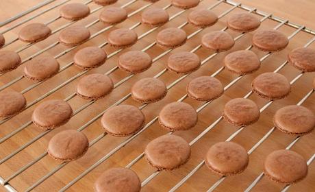Macarons de chocolate rellenos de chocolate blanco Hornear y dejar enfriar las tapas de los macarons de chocolate