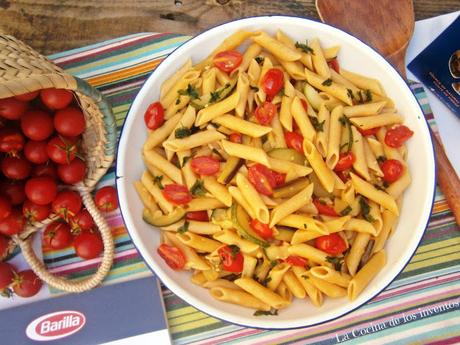 Macarrones integrales con Calabacín, Berenjena y Tomatitos Cherry