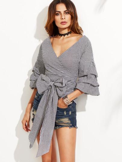 Welcome Autum- Bienvenido Otoño con las promociones de SheIn Black And White V Neck Pleated Bell Sleeve Bow Tie Waist Blouse