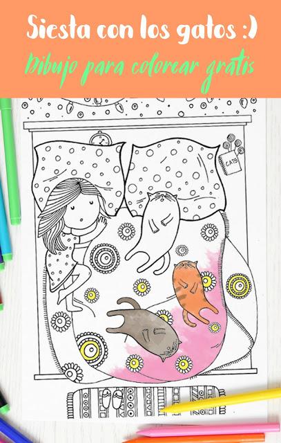 Siesta con los gatos , DIBUJO PARA COLOREAR GRATIS Siesta con los gatos , DIBUJO PARA COLOREAR GRATIS
