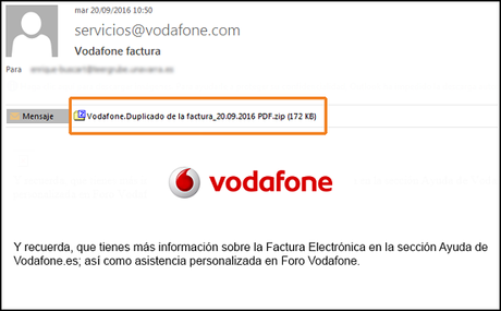 Un correo falso de Vodafone quiere infectar nuestro dispositivo.