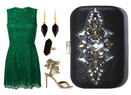 Bolso de fiesta para vestido verde botella Look de invitada con vestido verde y bolso joya negro y dorado