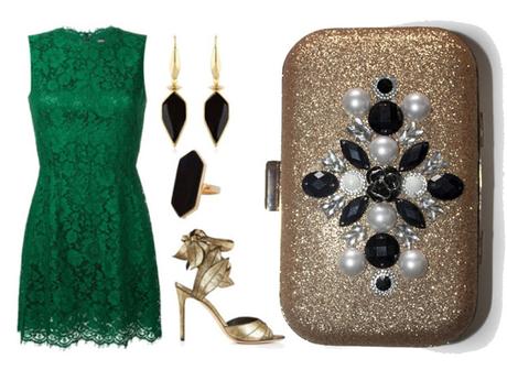 Look de invitada a boda con vestido verde y bolso joya dorado Como combinar un vestido verde con un bolso dorado