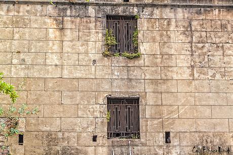 Alta pared con dos enrejadas ventanas.