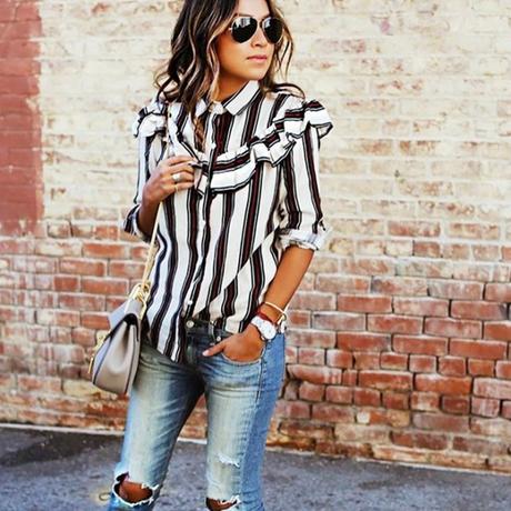 AUTUMN MUST; RUFFLED STRIPED BLOUSE.-