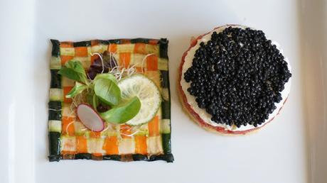 Milhojas de tartar de tomate con caviar