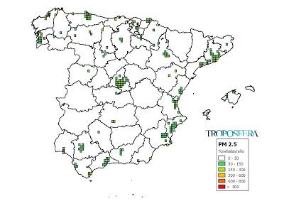 España: Mapa de emisiones de PM2.5 (Inventario EMEP 2014)