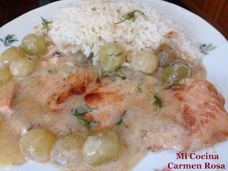 FILETE DE SALMON EN SALSA DE CAVA, NATA Y UVAS MOSCATEL CON ENELDO FRESCO