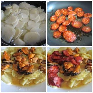 Tortilla de patatas, mejillones y chorizo