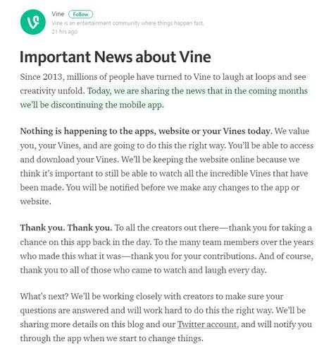 Otra razón al cierre de Vine