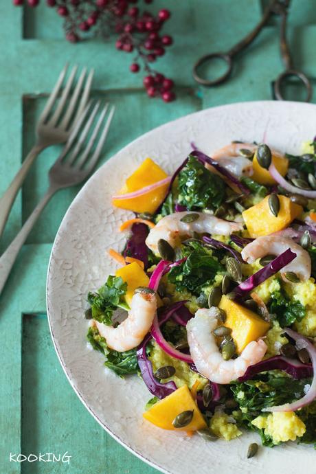 Ensalada de mijo, kale y melocotón Ensalada de mijo, kale y melocotón