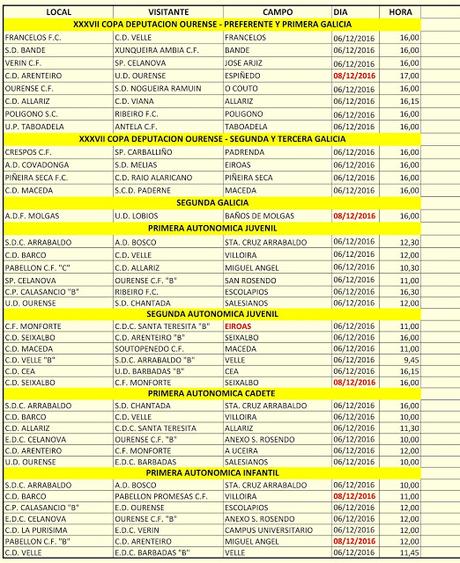 Horarios fútbol ourensano (Fin de semana y días 6/8 de Diciembre) Horarios fútbol ourensano (Fin de semana y días 6/8 de Diciembre)