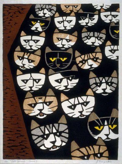 Grabados de gatos de Tomoo Inagaki