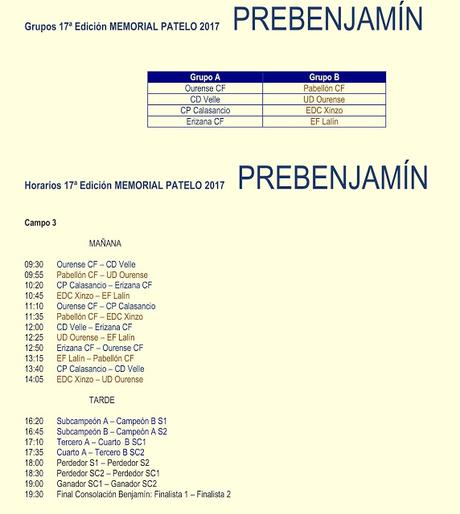 Memorial Patelo 2017 Benjamín y Prebenjamín, participantes y horarios