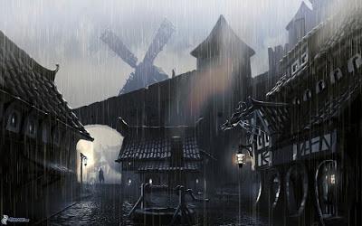 Ciudad medieval a oscuras y lloviendo, donde se puede ver al fondo una silueta de persona.
