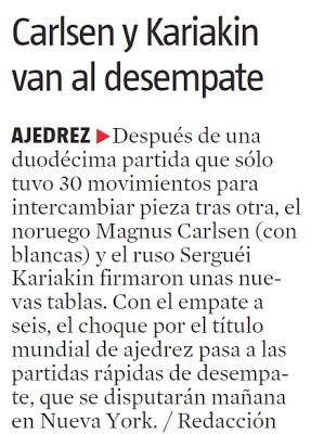 El match Carlsen vs Karjakin, visto por Miguel Illescas en La Vanguardia - 12ª partida y desempate a semirrápidas