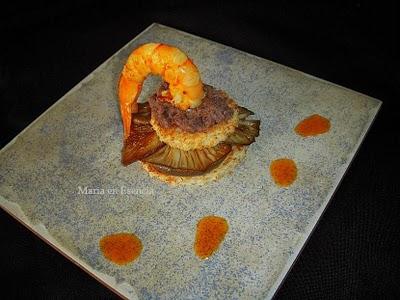 Tosta de langostino sobre pate de percebe y setas con culí de aceite gambero!! Tosta de langostino sobre pate de percebe y setas con culí de aceite gambero!!