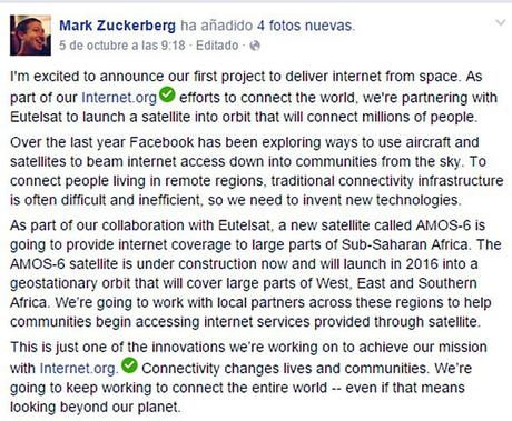 Facebook elije un satélite Israelí para ofrecer Internet gratuito en África. Facebook elije un satélite Israelí para ofrecer Internet gratuito en África.