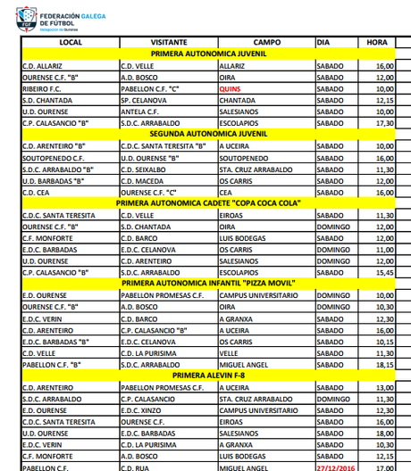 Horarios fútbol ourensano, 7 y 8 de Enero 2017