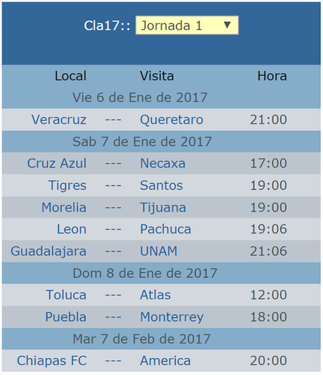 Calendario de la jornada 1 del clausura 2017 del futbol mexicano