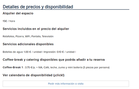 Novedades de SpacesON: página de sala más clara, más intuitiva y sobre todo, móvil Detalles de precios de alquiler de sala