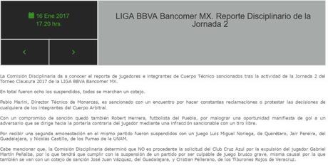 Suspendidos de la Jornada 2 del Clausura 2017 Suspendidos de la Jornada 2 del Clausura 2017
