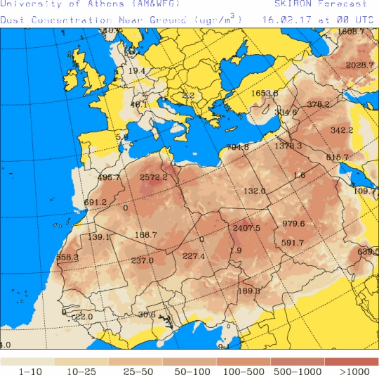 España: Polvo africano (Pronóstico para 16-febrero-2017)