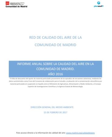 Informe sobre la Calidad del Aire en la Comunidad de Madrid 2016