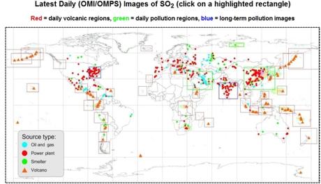 Mapa de los lugares con mayores emisiones de SO2 del planeta
