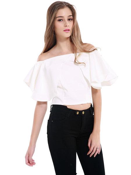 Fashion shop Recomendations on Stylewe White Off Shoulder Frill Sleeve Girly Chiffon Crop Top