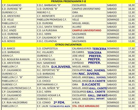 Horarios del fútbol en Ourense, 18/19 de Marzo