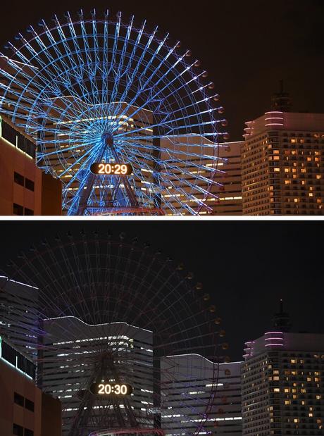 La rueda gigante de Yokohama, Japón, encendida en su versión habitual y apagada como adhesión a La Hora del Planeta