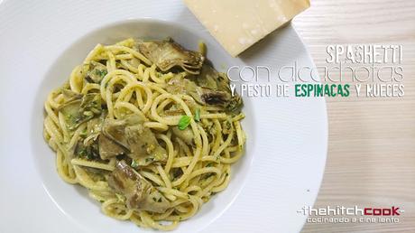 Spaghetti con alcachofas y pesto de espinacas y nueces