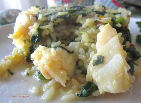 Arroz con bacalao, cocochas y grelos de Lugo