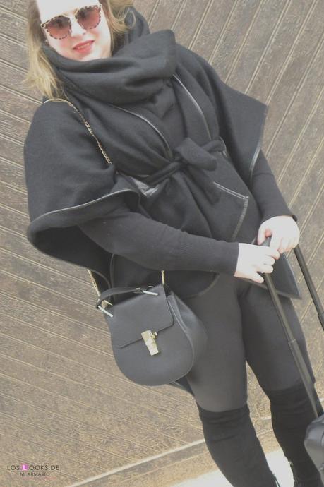 total look black con legging negro over knee boots capa lana primark. outfit para irme de viaje