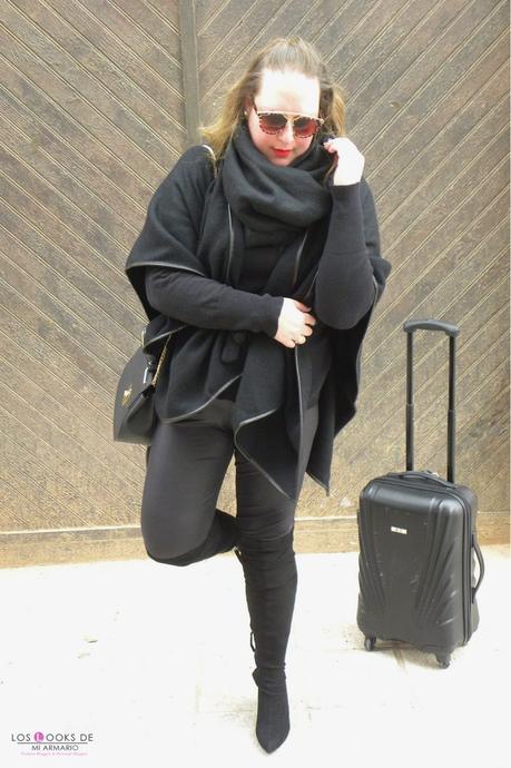 total look black con legging negro over knee boots capa lana primark. outfit para irme de viaje