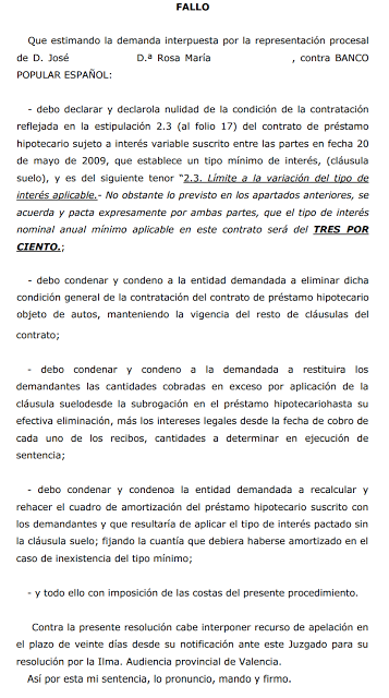 Nueva sentencia ganada de cláusulas suelo en Valencia contra Banco Popular