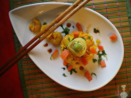 Arroz con calamares y gambas al punto de wasabi